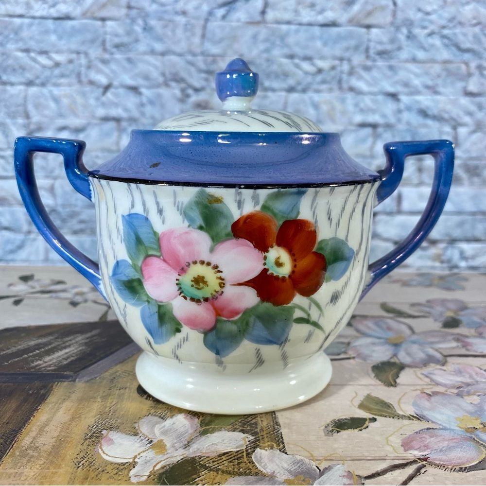 Chikaramachi Hand Painted Sugar Bowl Matching Lid Made in Japan Floral Stamped